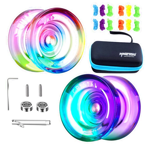 MAGICYOYO Responsive Yoyo for Kids Beginners, Dual Purpose Plastic Yoyos K2 + Unresponsive Bearings for Intermediate Advanced+12 Yoyo Strings + 1 Yoyo Case (Crystal Blue Pink Yellow+ Green Purple)