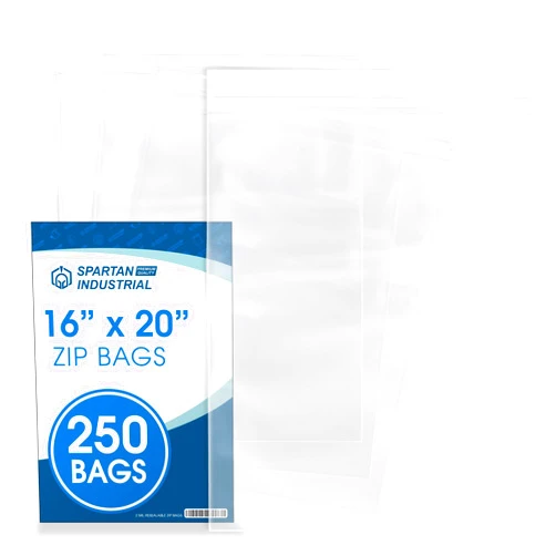 Spartan Industrial - 16” X 20” (250 Count) 2 Mil Clear Reclosable Zip Plastic Poly Bags with Resealable Lock Seal Zipper