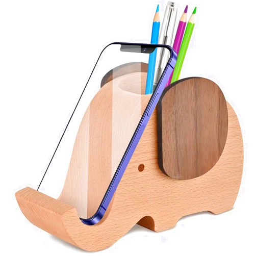 AhfuLife Wooden Elephant Cell Phone Holder/Stand with Pen&Pencil Holder/Pot, Desk Decoration Multi-functional Supplies Stationery Organizer, Christmas Gift Birthday Graduation Gift