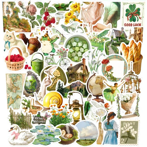 PRETTY SUNSHINE 50Pcs Vintage Aesthetic Stickers, Cute Rustic Decals for Water Bottle, Laptop, Journal, Scrapbook, Kindle, Computer, Skateboard, Luggage, Waterproof Vinyl Stickers for Adults
