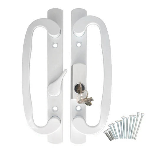 Hyneesun Patio door handle 3-15/16 Inch(10cm) Hole spacing（Right and Left handed white sliding door handle set mortise style, keyed（offset position）