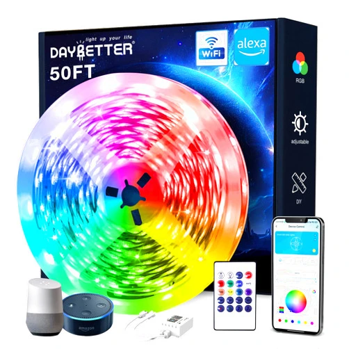 DAYBETTER Smart WiFi Led Lights, 50 FT RGB Led Strip Lights Compatible with Alexa and Google Assistant, App Voice Remote Control Music Sync Color ChangingLED Strip Lighting for Bedroom Room Decor