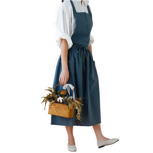 Losofar Cotton Pleated Apron Retro Waterdrop Proof Garden Cleaning Pinafore Dress