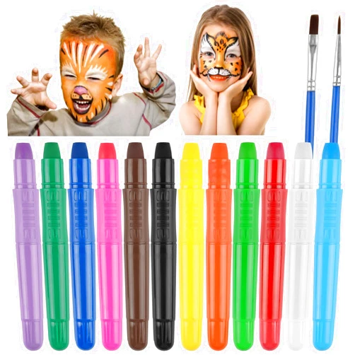 CCINEE Face Painting Kit for Kids,12 Colors Washable Twistable Face Paint Crayons with 2 Brushes for Party Halloween Cosplay Face Makeup Body Paints