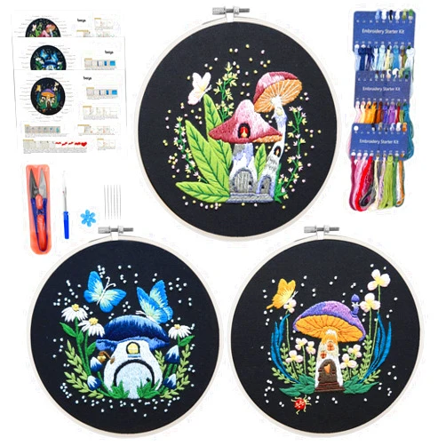 BERYA 3 Set Embroidery Kit for Beginners, Pre-Stamped Mushroom Embroidery Starter Kit with Instructions, Embroidery Hoops, Color Threads, Tools for Adults DIY Craft & Gift