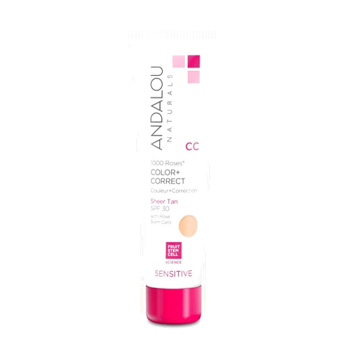 Andalou Naturals 1000 Roses CC Color + Correct with SPF 30, Sheer Tan, 2-in-1 Face Sunscreen + CC Cream for Sensitive Skin, Helps Correct Uneven Skin Tone, Reef Safe Sunscreen, 2 Fl Oz
