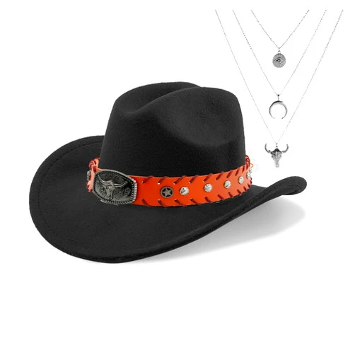 JIANGLAI Western Cowboy Hat for Women Men Classic Fedora Felt Wide Brim Cowgirl Hat with Belt Buckle, Evil Eye Bull Head Necklace