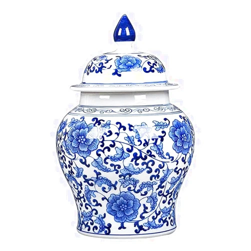 DUJEFF Ancient Chinese Style Blue and White Ginger Jar Vase, Food Tea Canister Container Storage, 27cm Tall Porcelain Flower Pot Planter Floral Print Centerpiece Home Decor