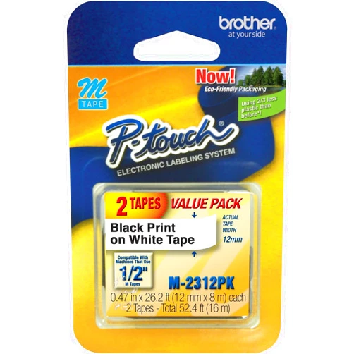 Brother P-touch M-231 Label Maker Tape, 1/2-inch x 26-2/10', Black on White, 2/Pack (M-2312PK)