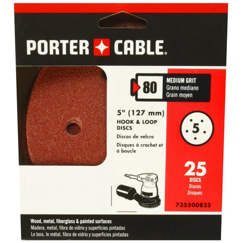 PORTER-CABLE 735500825 5-Inch 80 Grit Five-Hole Hook & Loop Sanding Discs (25-Pack)