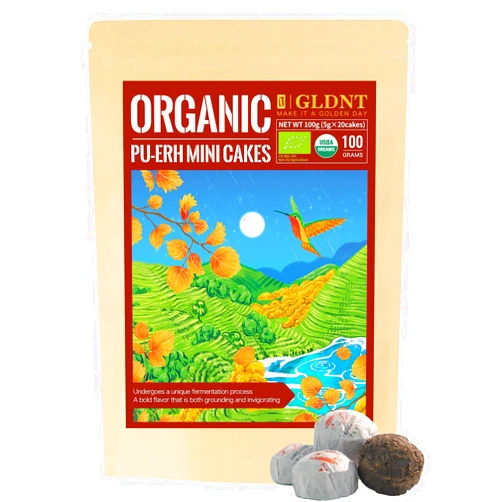 GLDNT Organic Pu-erh Tea, 20 Count Organic Puerh Mini Cakes, Glutinous Rice Aroma, Smooth & Mellow Flavor, Caffeinated, 3.5oz