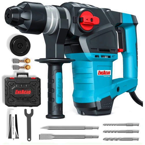 ENEACRO 1-1/4 Inch SDS-Plus 12.5 Amp Heavy Duty Rotary Hammer Drill, Safety Clutch 3 Functions with Vibration Control Including Grease, Chisels and Drill Bits with Case