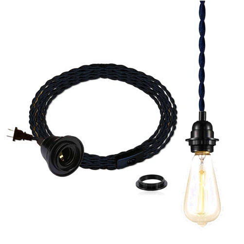 YIKEGE LICHT DIY 15ft Plug in Black Pendant Light Cord - Industrial Vintage Ceiling Hanging Light Kit with Twisted Hemp Rope Switch Fabric Lamp Cord E26 Socket Set Edison Lighting Fixture Cable Farmhouse Kitchen