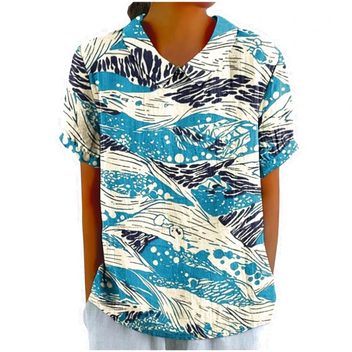 Droeadgor Womens Cotton Linen Shirts Boho Printed Doll Collar Tunic Tops Casual Short Sleeve Dressy Blouses Oversized Tshirts