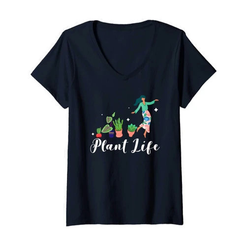 Teeda Wee Womens Plant Lady Living Her Best House Plant Life Gift V-Neck T-Shirt