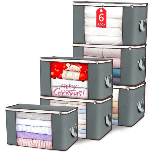 Budding Joy Clothes Storage, Foldable Large Storage Bags, Storage and Organization for Clothing, Blanket, Comforter, Clothes, Pillows, Toys, Closet Organizers with Enhanced Handle, 60L 6 Pack Gray