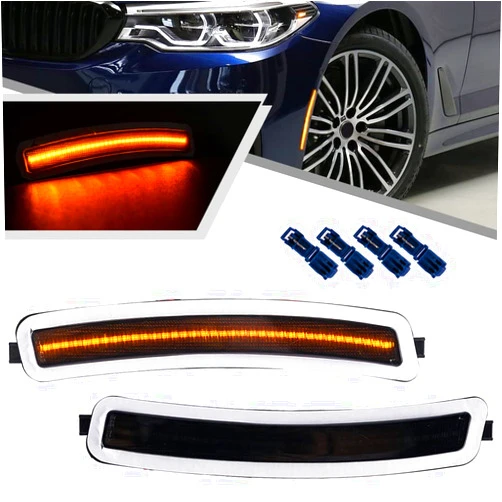Mingrui test 2Pcs Amber LED Front Bumper Reflector Side Marker Lights for BMW 5 Series G30 530e 530eX 530i 530iX 540dX 540i 540iX M550iX 2017-2022, BMW M5 F90 2018-2022 Front Bumper Reflector Light Smoked Lens