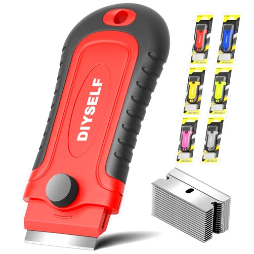 DIYSELF 1 Pack Razor Blade Scraper with 15 Extra Blades, Scraper Tool for Cleaning Window, Paint, Cooktop, Oven, Glass Stove Top Scraper, Razor Scraper with Buit-In Blade Storage