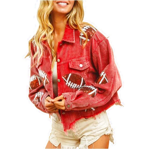 Happlan Football Sequin Embroidery Rugby Cropped Frayed Hem Vintage Washed Corduroy Jacket Coat Shacket for Women