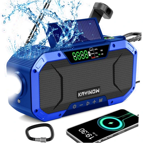 KAYINOW Hand Crank Emergency Weather Radio Solar Power with AM FM NOAA,Wind Up Flashlight,Cell Phone Charger, 5000mAh Rechargeable Battery,SOS Alarm,Portable,Waterproof,for Survival,Storm and Power Outage