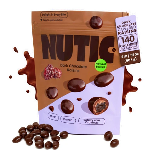 Nutic Gourmet Chocolate Covered Raisins - Dark Chocolate, Bulk Bag of Candy Snacks, Perfect for Movies, Bites of Raisins & Chocolate Candies - 2 Lb