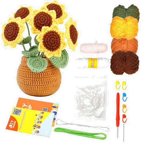 Ahuowom Crochet Kit for Beginners,Sunflowers Crochet Starter Kit for Adults and Kids - Step-by-Step Video Tutorials, Crocheting Knitting Crochet Kit