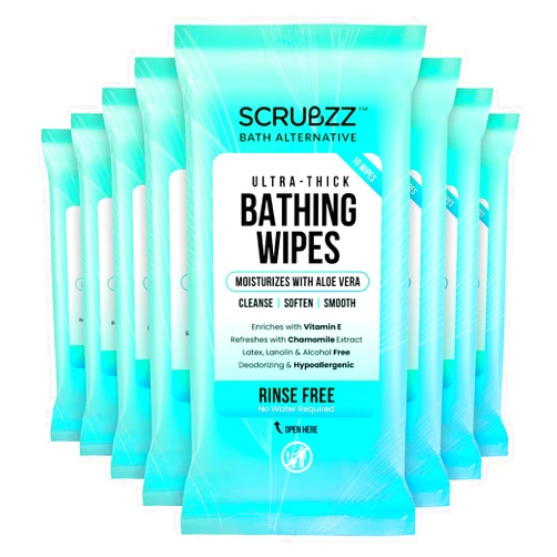 Scrubzz Extra Large Bath Wipes for Adults Bathing No Rinse - Disposable Body Cleansing Wipes for Men, Women & Elderly - Great for Gym, Camping, Post Surgery - Shower Wipes - 80 Count