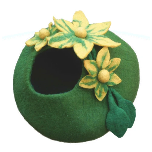 Earthtone Solutions Cat Cave Bed, Unique Green Handmade Felted Wool, Large Covered and Cozy, Also Perfect for Kittens, Original Cat Caves, (Emerald Haven)