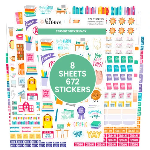 bloom daily planners Student Planner Stickers - 8 Sheets / 672 Stickers - Essential School Themed Variety Pack for Academic Year Planning - Icons & Illustrations to Track Assignments, Exams, & More