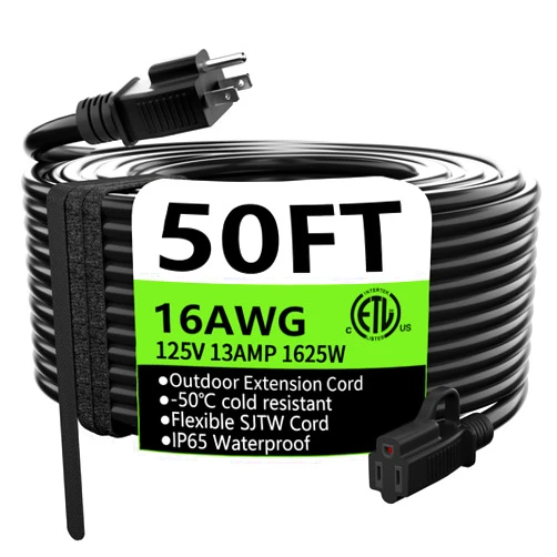 HUANCHAIN Indoor Outdoor Black Extension Cord 50 ft Waterproof, 16/3 Gauge Flexible Cold-Resistant Appliance Extension Cord Outside, 13A 1625W 16AWG SJTW, 3 Prong Heavy Duty Electric Cord, ETL