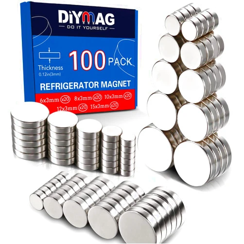 DIYMAG 3MM-Mix 100 Piece Refrigerator Magnets for Office, Hobbies, Crafts and Science, Small Round Disc Magnets, Push Pin Magnets, Fridge Magnets, Whiteboard Magnets