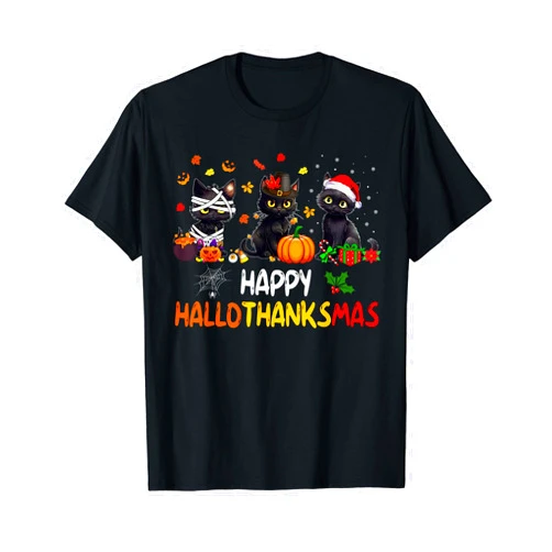 Happy Hallothanksmas Shirt For Cat Mom Cat Dad Funny Cat Happy Hallothanksmas Halloween Thanksgiving Xmas T-Shirt