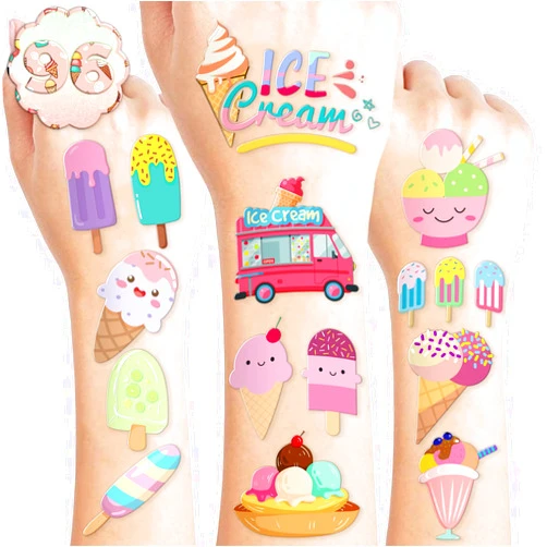 Generic 8 Sheets (96PCS) Ice Cream Temporary Tattoos Birthday Party Decorations Favors Tattoos Stickers Cute Party Supplies Kids Girls Boys Gifts Classroom School Prizes Themed