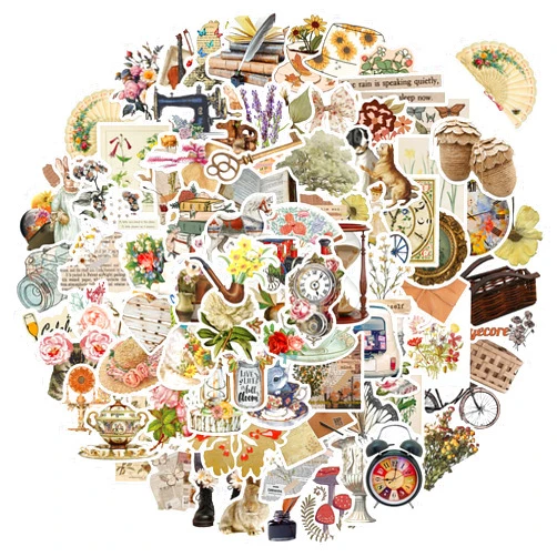 Jinglai Vintage Stickers, Aesthetic Cottagecore Decor, 100pcs Waterproof Vinyl Stickers for Water Bottle, Srapbook, Laptop, Phone