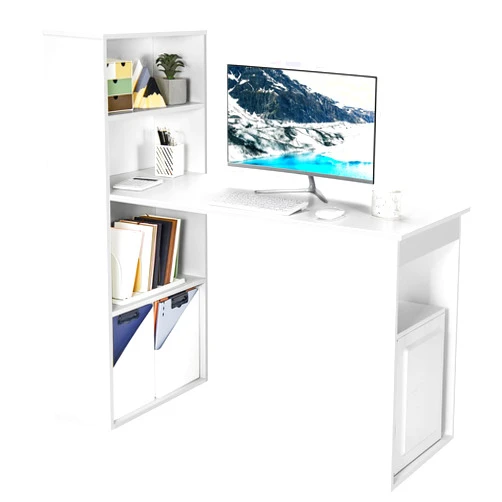 Tangkula White Computer Desk with Bookshelf, Writing Study Desk with Storage Shelves & CPU Stand, Modern Compact Computer Workstation for Home & Office, Space-Saving Design