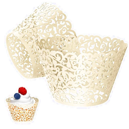 SHTCSZBA 50 Pcs Cupcake Wrappers Pearl Lace Laser Cut Filigree Wedding Cupcake Wrapper Baking Cake Cups Wraps Cupcake Muffin Case Trays for Wedding Birthday Party Decoration(Titanium White)