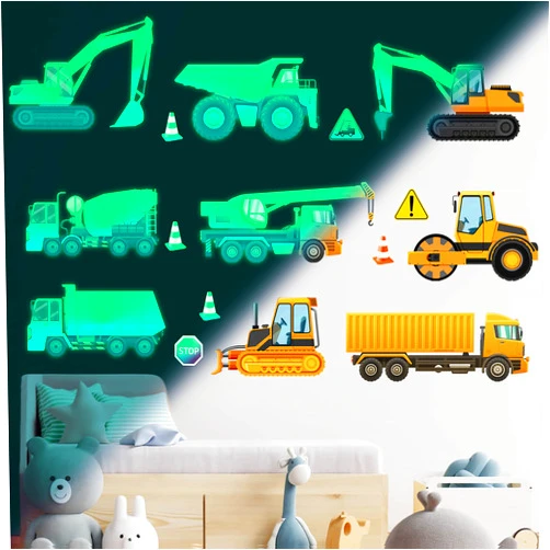 Sinekong Construction Wall Sticker Glow in The Dark Wall Decals Truck Car Transports Decals Peel and Stick Removable for Baby Kids Boys Girls Bedroom Living Room Ceiling Nursery Decor…