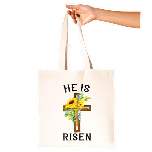 God2life He Is Risen Jesus Christ Cross Easter Sunday Gift for Believers Christians Natural White Multicolor Canvas Tote Bag