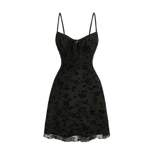 Verdusa Women's Gothic Floral Print Short Cami Dress Tie Front Lettuce Trim Mesh Sleeveless A Line Dresses