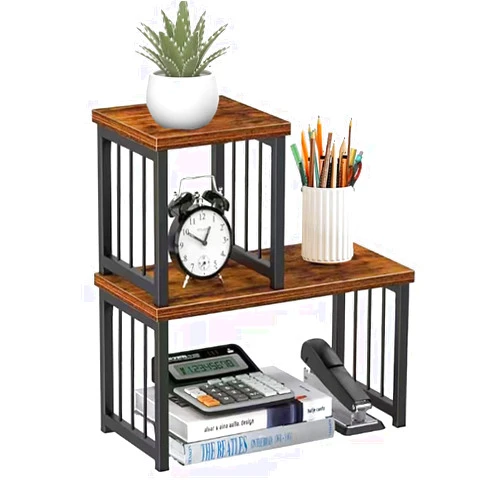 Boershun Wood Desktop Bookshelf, Stackable Small Desk Bookshelf, Desk Organizer and Accessories, Countertop Bookcase, Adjustable Mini Desk Book Shelves, Bathroom Organizer, Printer Monitor Rack, Rustic Brown