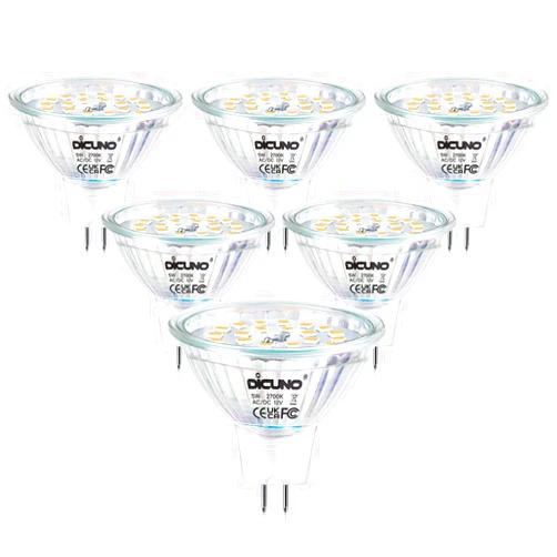 DiCUNO MR16 LED Bulbs Dimmable 50W Halogen Replacement 2700K Warm White, GU5.3 Bi-Pin Base Glass Cover 120 Degree Beam Angle 12V 5W 500 Lumens, Landscape Spotlight Track Recessed Lighting, 6 Packs