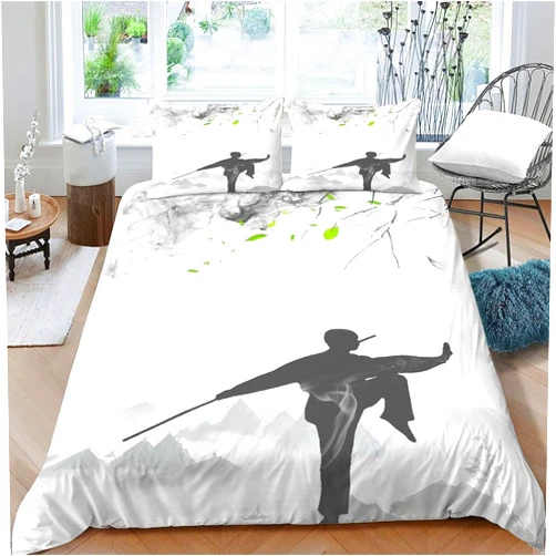 Sxakswol Chinese Style Duvet Cover Twin Size Martial Arts Bedding Set Soft Microfiber Comforter Cover with Zipper Closure, 3D Print Quilt Cover 68x90 Inches with 2 Pillow Shams 9332a