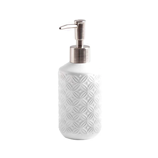 FE FUN ELEMENTS FE Soap Dispenser, 13.5oz Soap Dispenser Bathroom with 304 Rust Proof Stainless Steel Pump, Ceramic Hand Soap Dispenser with Vintage Emboss Design for Kitchen & Bathroom (White)