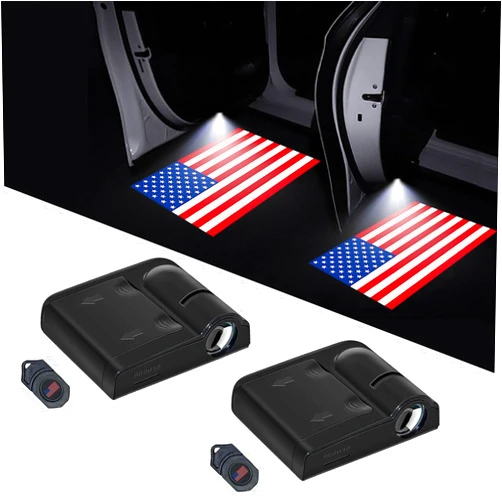 PHETRA 2Pcs Car Door Lights, Wireless Car Door Logo Light, LED Welcome Courtesy Ghost Shadow Projector Lamp, Holeless Magnet Sensor Light Accessories (Red American Flag), AFR-23