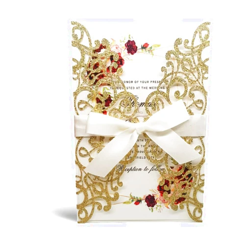 ALVESTORY 50 Gold Glitter Gold Laser Cut Wedding Invitations Cards with Envelopes Customized Invite Cardstock with Ribbon for Bridal Shower Quinceanera Engagement Graduation Anniversary Birthday Party