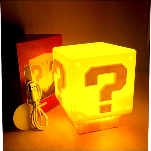 Hopanrel Super Bros Question Block Lamp,Square LED Night Light with USB Cable,Table Lamp with Play Game Coin Sound Effect,Bedside Lamp Decor Toy Gift for Boy Girls