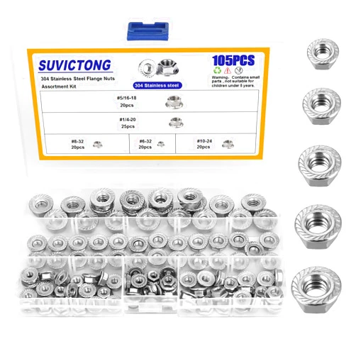 SUVICTONG 105pcs Serrated Flange Hex Lock Nuts Assortment Kit 304 Stainless Steel 5 Sizes Hexagon Flange Nuts (#6-32#8-32#10-24 1/4