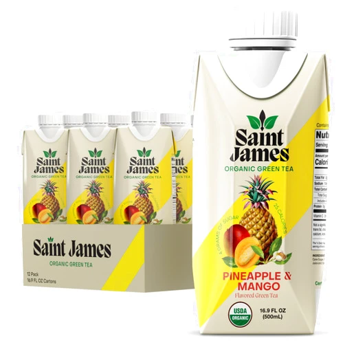 Saint James Iced Tea - Organic Green Tea - Non GMO, Gluten Free, Low Calorie & Low Sugar - Pineapple & Mango, 12 Pack (16.9 fl oz each)