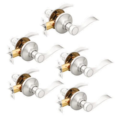 KNOBWELL 5 Pack Closet Door Handle Passage, Brushed Nickel Interior Door Handle Levers Without Lock/Key, Wave Style Keyless Handles