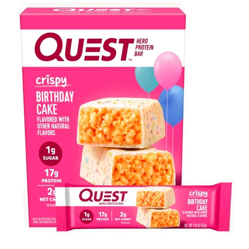 Quest Nutrition Crispy Birthday Cake Hero Protein Bar, 17g Protein, 1g Sugar, 2g Net Carbs, Gluten Free Protein Snack, Keto Friendly, 4 Count